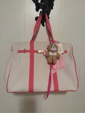 Canvas  Tote Bag with Pink Trim and Charm